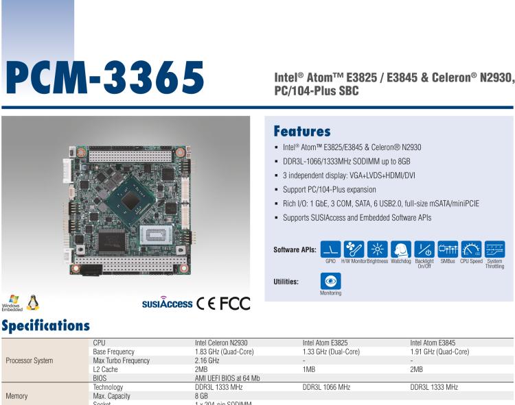 研華PCM-3365 英特爾第四代凌動(dòng)?Atom?E3825 / E3845＆賽揚(yáng)?N2930，PC / 104-Plus嵌入式主板，ISA，VGA，HDMI / DVI，LVDS，6 USB，mSATA或板載SSD