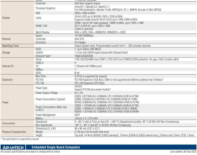 研華PCM-3365 英特爾第四代凌動(dòng)?Atom?E3825 / E3845＆賽揚(yáng)?N2930，PC / 104-Plus嵌入式主板，ISA，VGA，HDMI / DVI，LVDS，6 USB，mSATA或板載SSD
