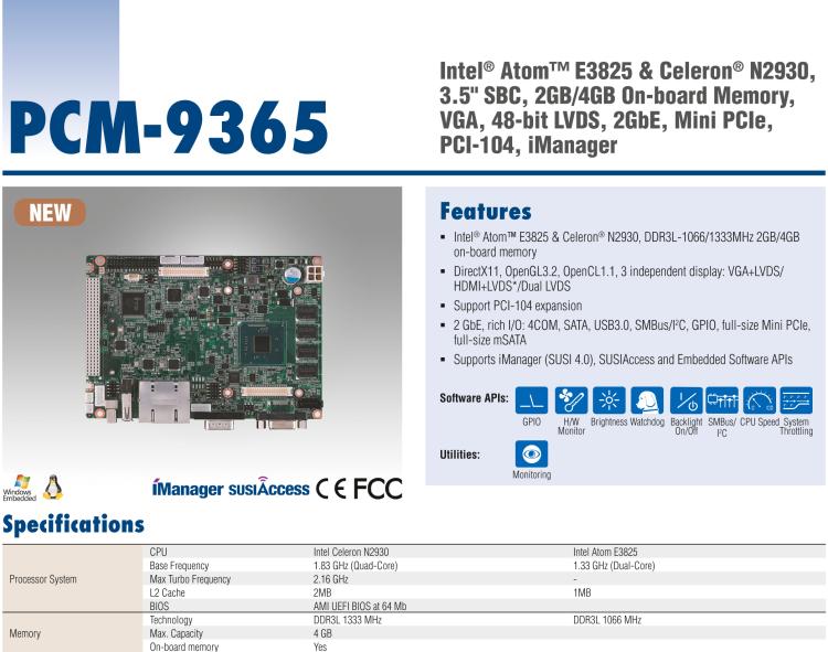 研華PCM-9365 第四代ATOM PCI-104 3.5寸主板, 搭載E3825，N2930 CPU，2GB/4GB內存在板，VGA, 18/24-bit LVDS, 2GbE, Mini PCIe, PCI-104, iManager
