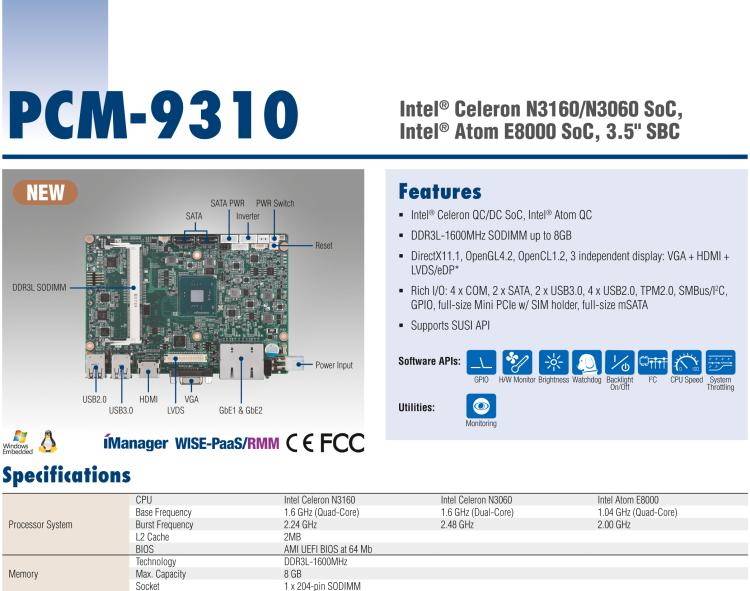 研華PCM-9310 英特爾第五代Atom?賽揚(yáng)N3160 / N3060 SoC，Intel?Atom E8000 SoC，3.5寸單板電腦，DDR3L，VGA，HDMI，48位LVDS，2GbE，Mini PCIe，mSATA，SUSI API