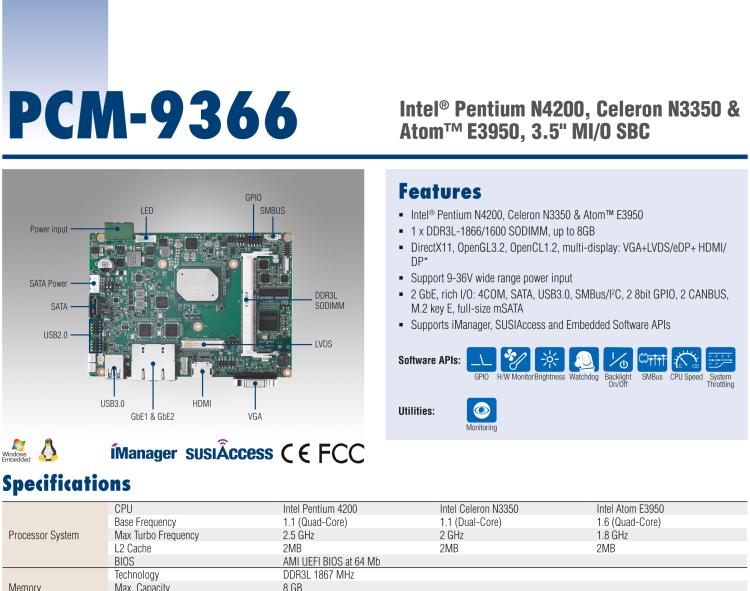 研華PCM-9366 Intel 第六代Atom?奔騰N4200賽揚N3350，3.5寸單板電腦