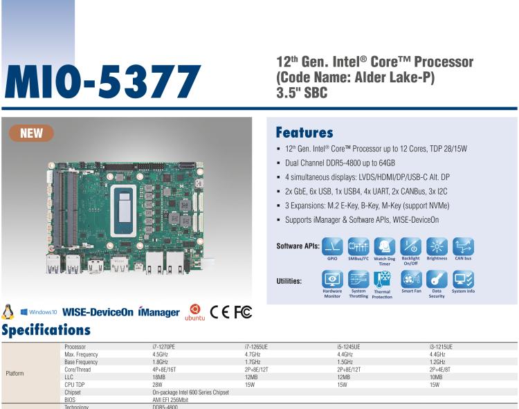 研華MIO-5377 第12代 Intel Core i7/ i5/ i3 P系列，3.5"單板電腦， 高達12 核心，TDP 28/15W