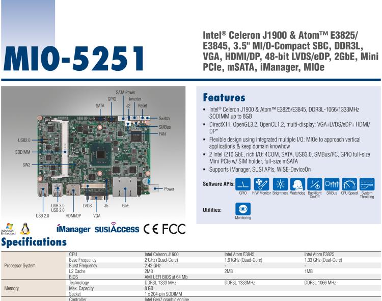 研華MIO-5251 3.5寸MIO單板電腦，采用嵌入式 Intel? Atom? E3825 &Intel? J1900處理器