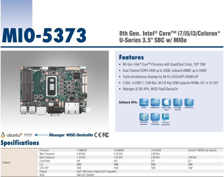 研華MIO-5373 第八代 Intel 低功耗高性能 超極本CPU 3.5寸嵌入式單板，性能提升40%