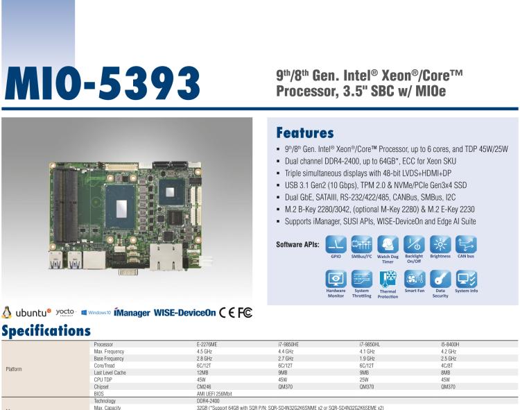 研華MIO-5393 第九代Intel 高性能筆記本CPU 3.5寸小尺寸嵌入式單板，性能提升25%，TDP 45W/25W，支持DDR4 64GB內(nèi)存，2LAN, 4USB 3.1，M.2 2280 Key支持NVMe，-40-85℃寬溫