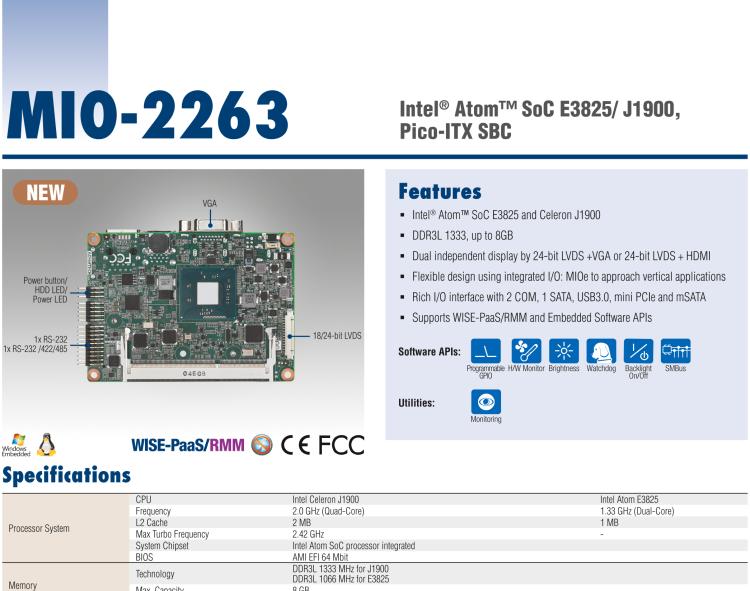 研華MIO-2263 2.5寸Pico-ITX主板，搭載Intel? Atom? SoC E3825/ J1900處理器的2.5寸Pico-ITX單板電腦，采用DDR3L內(nèi)存，支持24-bit LVDS + VGA/HDMI獨(dú)立雙顯，帶有豐富I/O接口：1個(gè)GbE、半長(zhǎng)Mini PCIe、4個(gè)USB、2個(gè)COM、SMBus、mSATA & MIOe
