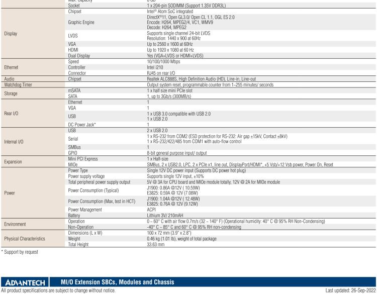研華MIO-2263 2.5寸Pico-ITX主板，搭載Intel? Atom? SoC E3825/ J1900處理器的2.5寸Pico-ITX單板電腦，采用DDR3L內(nèi)存，支持24-bit LVDS + VGA/HDMI獨(dú)立雙顯，帶有豐富I/O接口：1個(gè)GbE、半長(zhǎng)Mini PCIe、4個(gè)USB、2個(gè)COM、SMBus、mSATA & MIOe