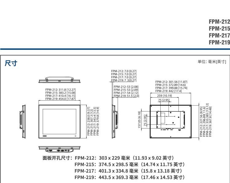 研華FPM-217 17“SXGA工業(yè)顯示器，電阻觸摸控制，支持HDMI, DP，和VGA端口。