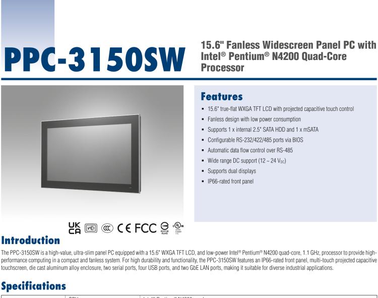 研華PPC-3150SW 15.6" 寬屏無風(fēng)扇工業(yè)平板電腦，搭載 Intel? Pentium? N4200 四核心處理器