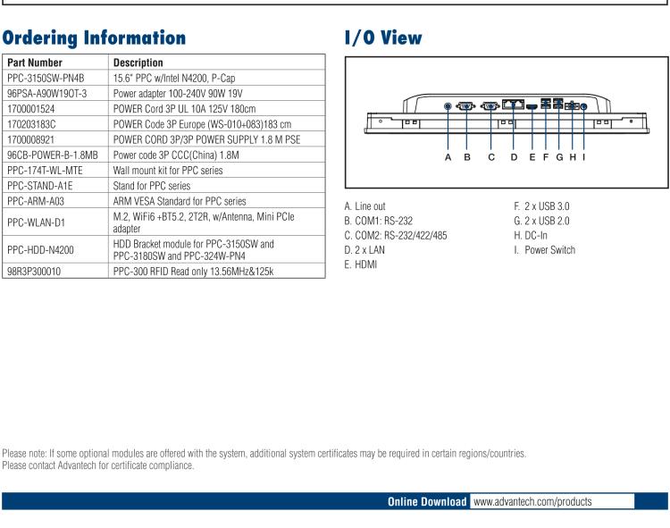研華PPC-3150SW 15.6" 寬屏無風(fēng)扇工業(yè)平板電腦，搭載 Intel? Pentium? N4200 四核心處理器