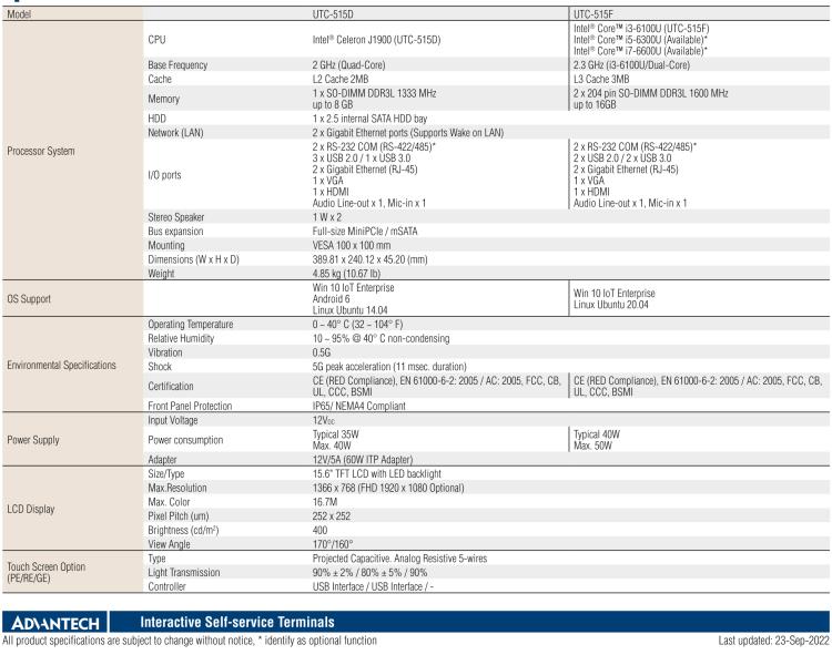 研華UTC-515D 15.6" 多功能觸控一體機(jī)，內(nèi)置英特爾? BayTrail J1900，可附接豐富的外圍設(shè)備