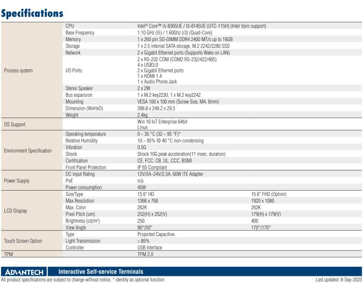 研華UTC-115H 15.6" 多功能觸控一體機(jī)，搭載 Intel? Core? i5-8365UE