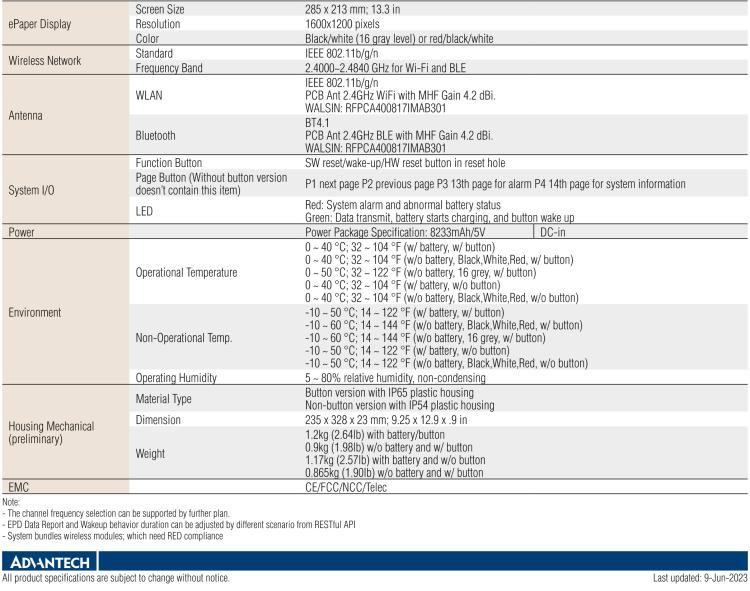 研華EPD-660 13.3"電子紙解決方案，Wi-Fi，用于醫(yī)院床邊卡和智能建筑標(biāo)牌。