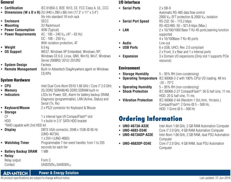 研華UNO-4673A Intel? Atom ? D510 變電站專(zhuān)用機(jī)，帶6×LAN, 2×COM, 3×擴(kuò)展槽