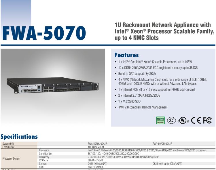 研華FWA-5070 基于Intel?Xeon?處理器可擴(kuò)展系列1U機(jī)架式網(wǎng)絡(luò)應(yīng)用平臺，最高支持4個NMC插槽