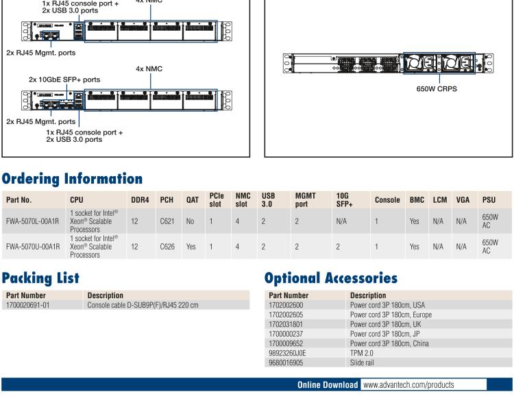 研華FWA-5070 基于Intel?Xeon?處理器可擴(kuò)展系列1U機(jī)架式網(wǎng)絡(luò)應(yīng)用平臺，最高支持4個NMC插槽
