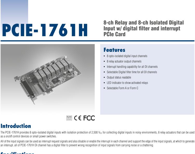 研華PCIE-1761H 8通道繼電器和8通道隔離式數(shù)字輸入，帶數(shù)字濾波器和中斷PCIe卡