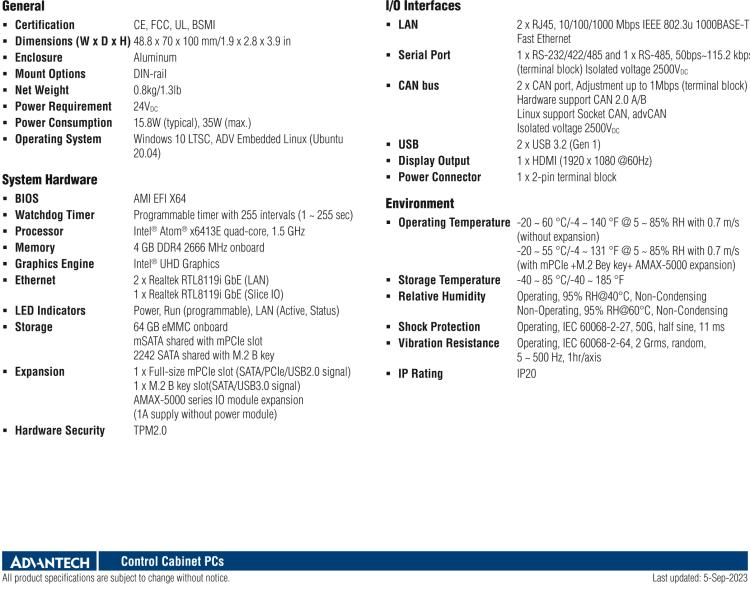 研華AMAX-5570 超微型控制平臺，采用Intel Atom處理器、64GB eMMC、2 個(gè)以太網(wǎng)口、2 個(gè) USB、2 個(gè) CAN、2 個(gè) COM 和插片 IO 擴(kuò)展