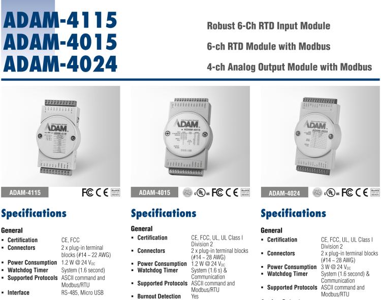 研華ADAM-4115-B ADAM-4115 6 通道 RTD 輸入模塊可接受多種 RTD 傳感器類型，包括 Pt100、Pt1000、Ni50、Ni508 和 Balco 500 系列