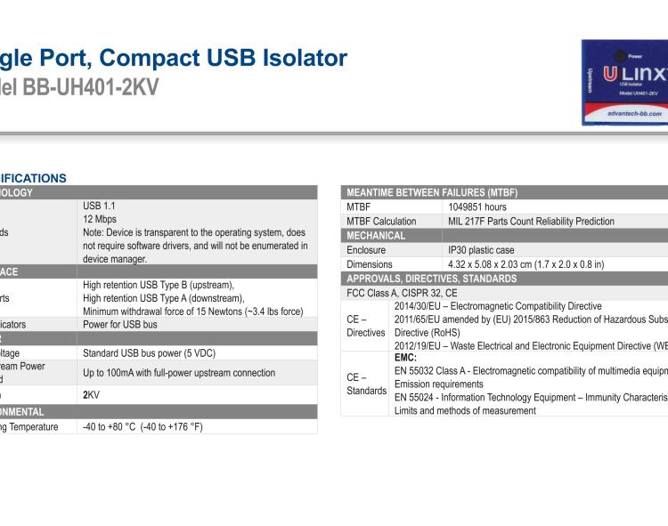 研華BB-UH401-2KV USB 2.0 2 kV隔離器，1端口，12 Mbps全速