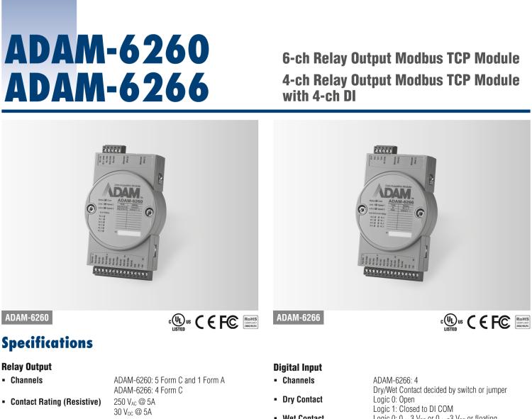 研華ADAM-6266 支持Modbus TCP的4路繼電器輸出模塊，帶4路DI