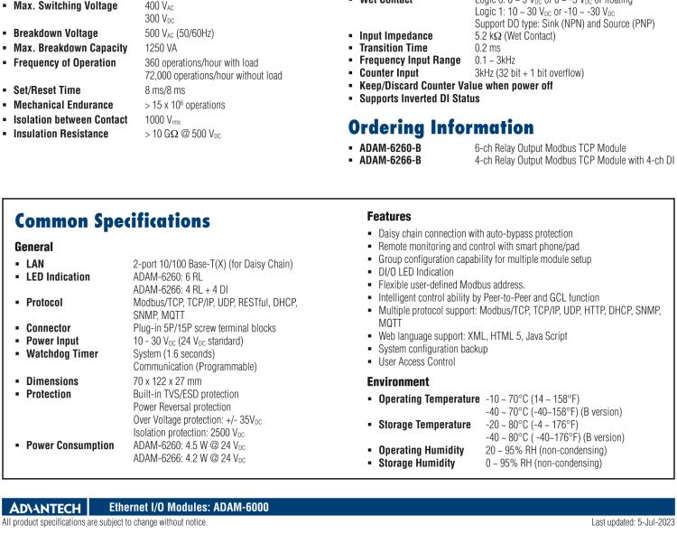研華ADAM-6266 支持Modbus TCP的4路繼電器輸出模塊，帶4路DI