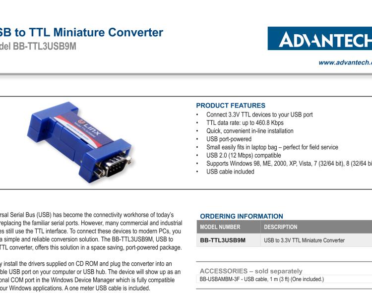 研華BB-TTL3USB9M 串口轉(zhuǎn)換器，USB 2.0至3.3 V TTL DB9 公頭