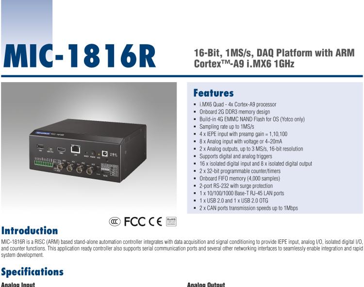 研華MIC-1816R 帶有ARM Cortex?-A9 i.MX6 1GHz的16位，1MS/s DAQ平臺(tái)