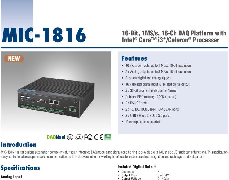 研華MIC-1816 具有Core?i3 /Celeron?處理器的16位，1 MS / s，16通道DAQ平臺(tái)