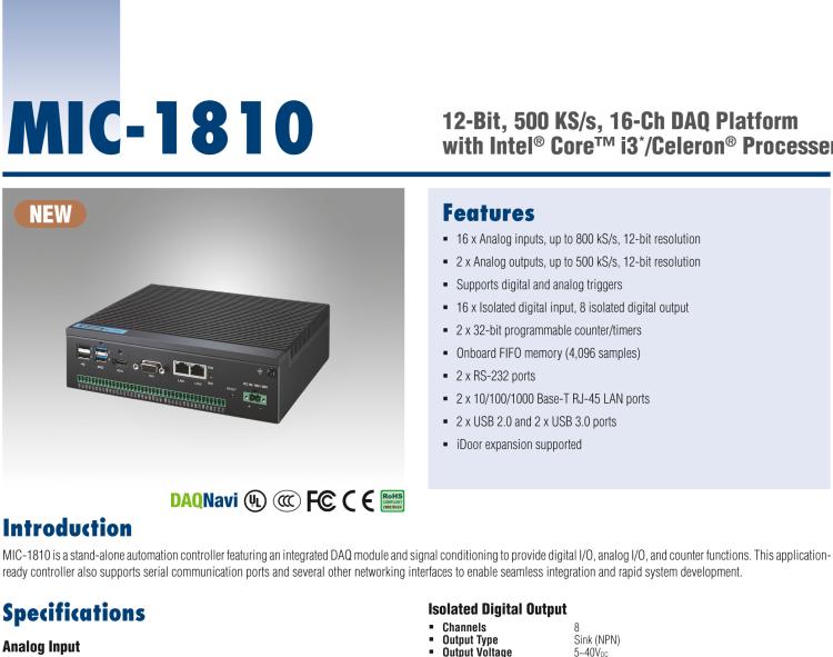 研華MIC-1810 帶有Core?i3 /Celeron?處理器的12位，500 KS / s，16通道DAQ平臺
