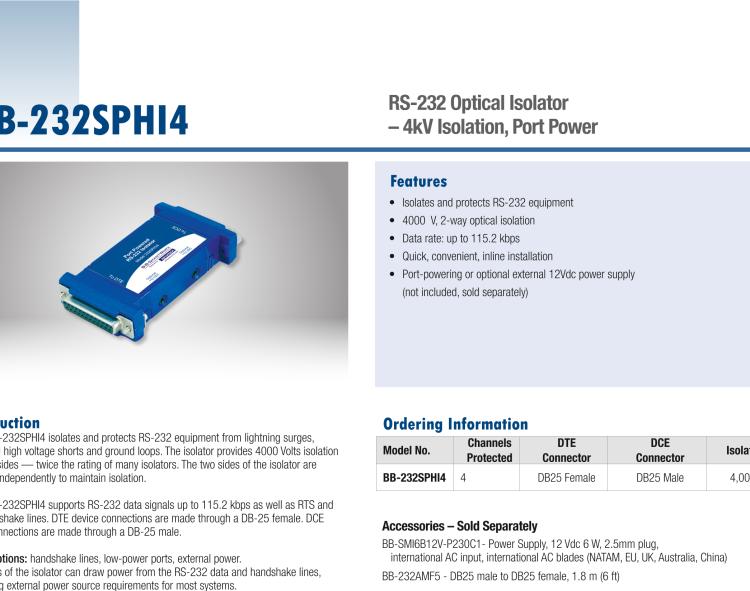 研華BB-232SPHI4 串口中繼器，RS-232 DB25，4 kV隔離，端口供電