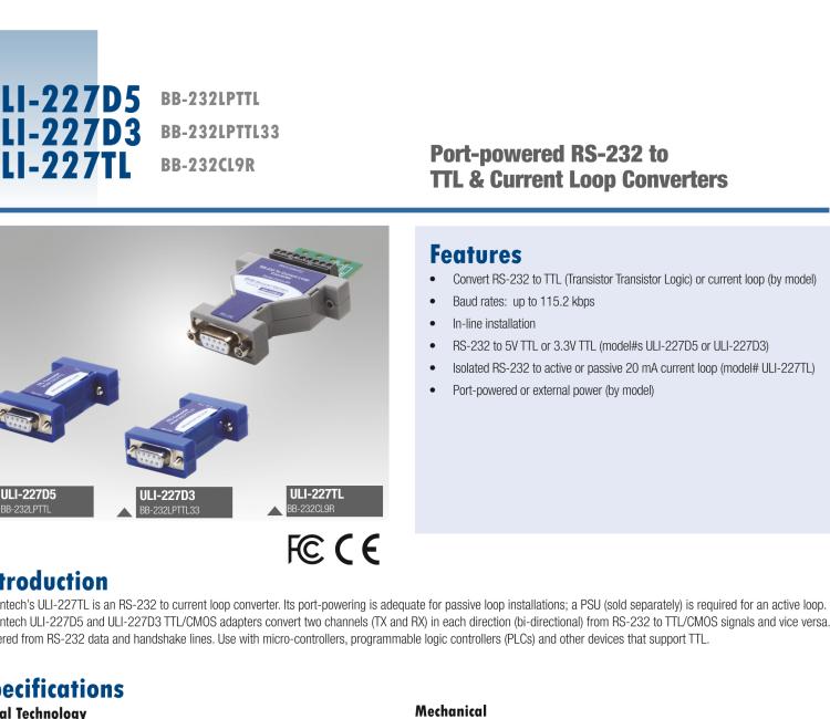 研華BB-232LPTTL33 ULI-227D3 RS-232（DB9母頭）至3.3V TTL（DB9公頭）轉換器，端口供電