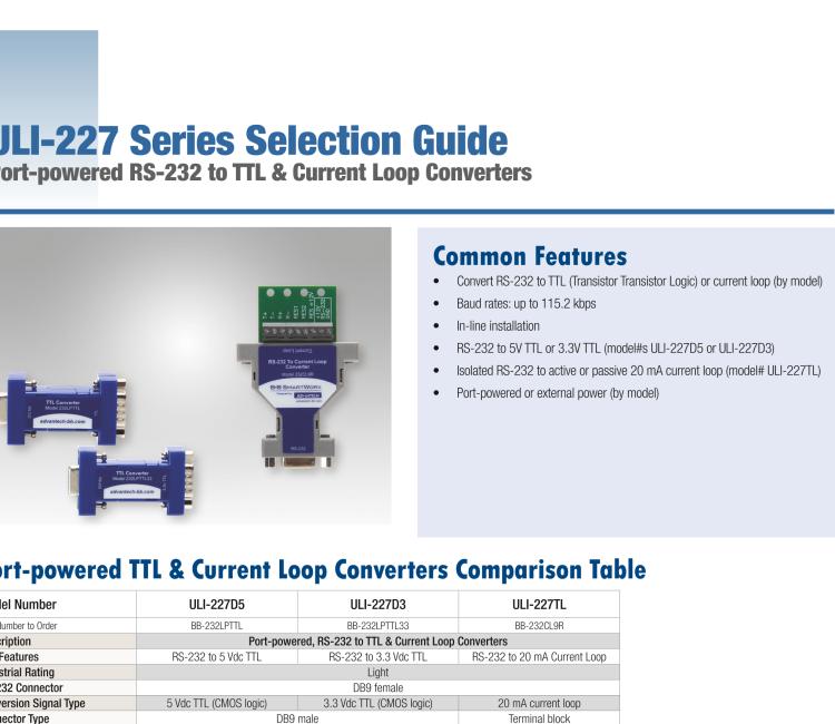 研華BB-232LPTTL33 ULI-227D3 RS-232（DB9母頭）至3.3V TTL（DB9公頭）轉換器，端口供電