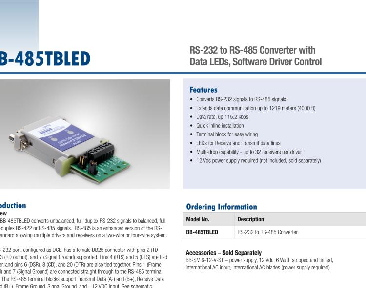 研華BB-485TBLED 串口轉(zhuǎn)換器，RS-232 DB25 母頭至RS-485 TB