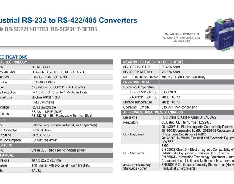 研華BB-SCP311T-DFTB3 ULI-224THC 寬溫度范圍、隔離式、RS-232 至 422/485 轉(zhuǎn)換器