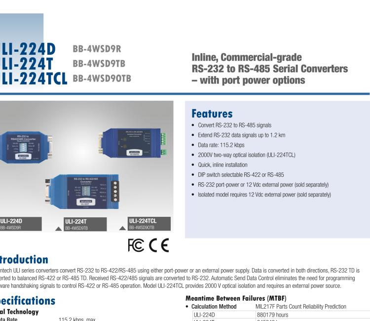 研華BB-485BAT3 ULI-224TB RS-232（DB9母頭至RS-422/485（接線端子）轉(zhuǎn)換器，電池供電