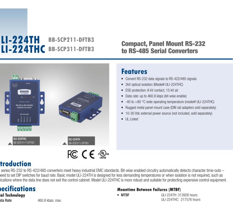 研華BB-485BAT3 ULI-224TB RS-232（DB9母頭至RS-422/485（接線端子）轉(zhuǎn)換器，電池供電