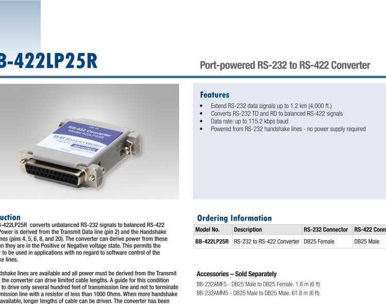 研華BB-422LP25R 串口轉(zhuǎn)換器，RS-232 DB-25 F至RS-422 DB25 M，端口供電