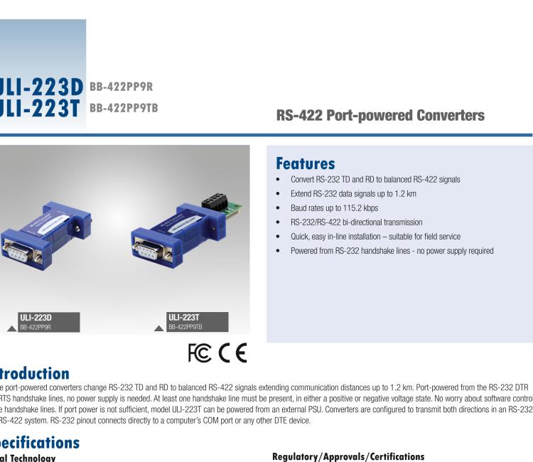 研華BB-422PP9TB ULI-223T RS-232（DB9母頭）至RS-422（接線端子）轉(zhuǎn)換器，端口供電