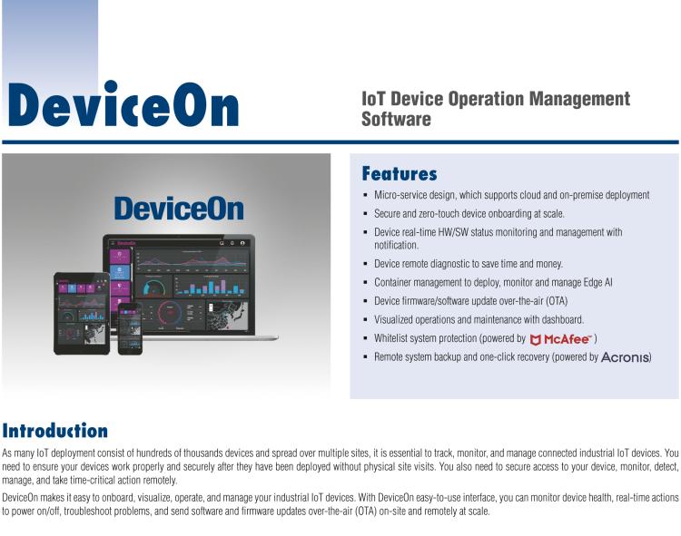 研華DeviceOn DeviceOn.DM是IoT設(shè)備管理，可遠(yuǎn)程管理連接的設(shè)備并提供集中式管理功能。